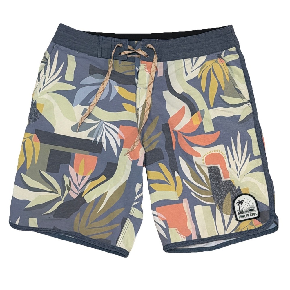 Howler Bros Board Shorts Mens 31x8 Blue Abstract Floral Drawstring Stretch Bruja